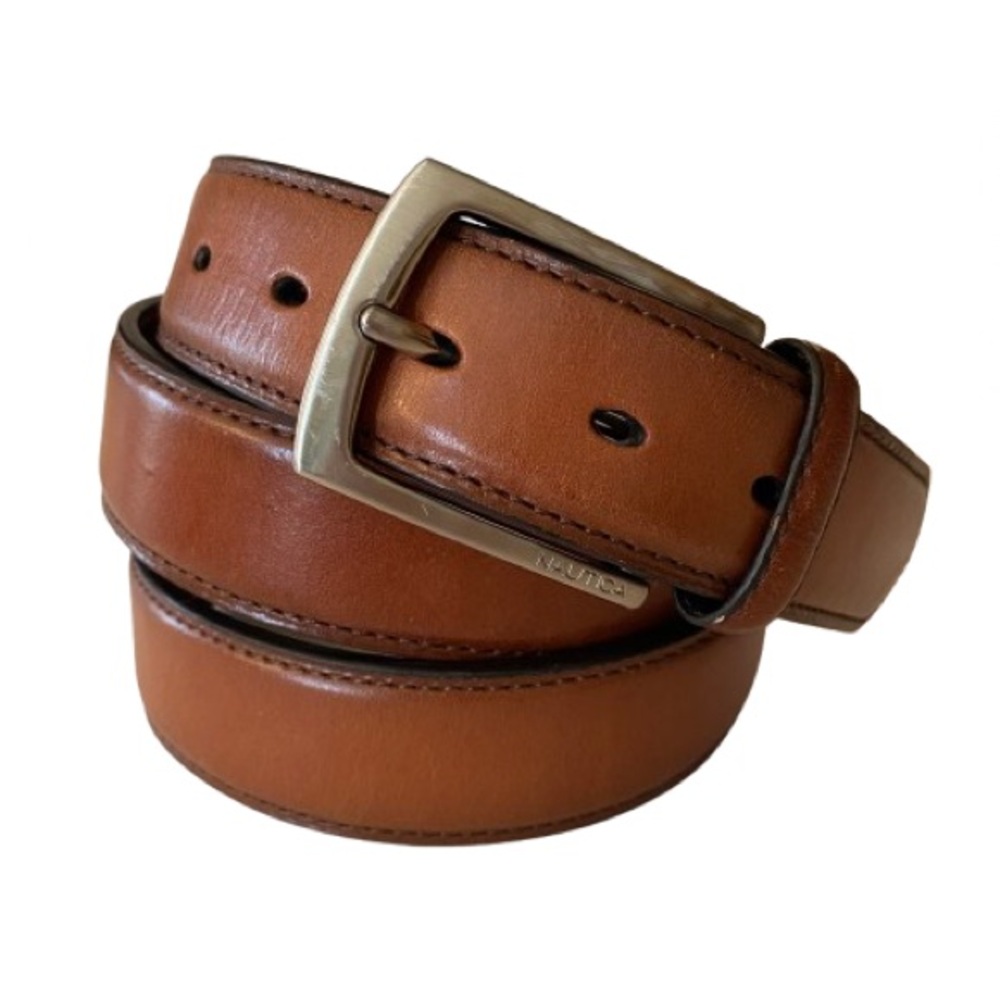 Nautica Men's Brown Leather Belt Size 44 Silver Buckle Classic Business Casual